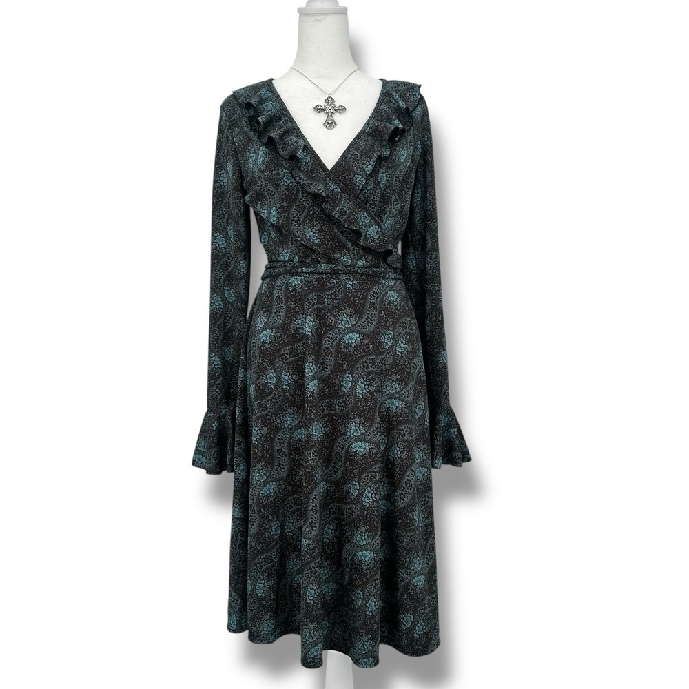 Y2K Express Women's Wrap Dress 5/6 Ruffle Long Sleeve Whimsygoth Dark Fairy Goth
